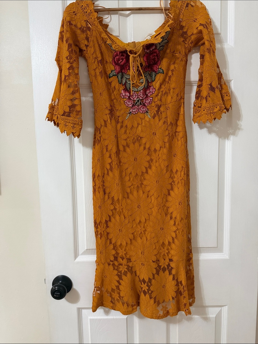 Lulumari Mustard Lace Midi Dress with Floral Embroidery